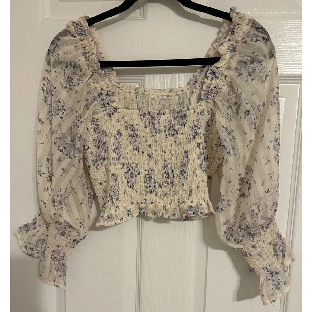 Collective Rack Floral Smocked Crop Top Cream Purple Sheer Balloon Sleeve Blouse